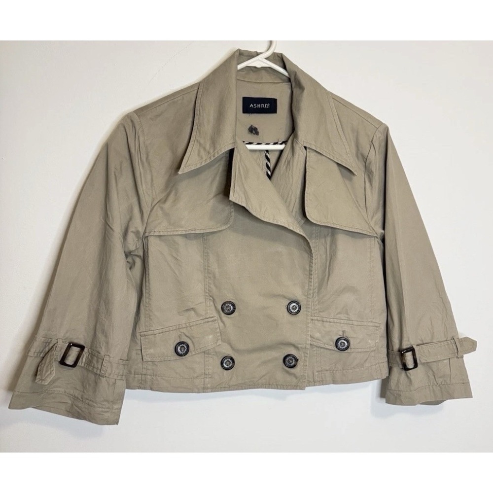 Ashro Tan 100% Cotton Cropped Jacket, Size Large Belted Cuffs